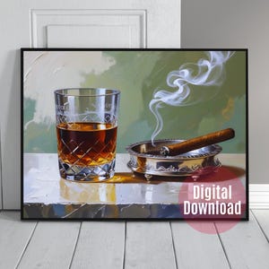 Eleganckie cygaro i szkocka sztuka ścienna - cyfrowy wydruk na wózku barowym - wystrój salonu dla panów - pobierz dzieło sztuki przedstawiające whisky w stylu vintage