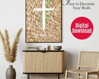 Arte de pared con textura de cruz bohemia / Decoración cristiana minimalista imprimible / Descarga instantánea