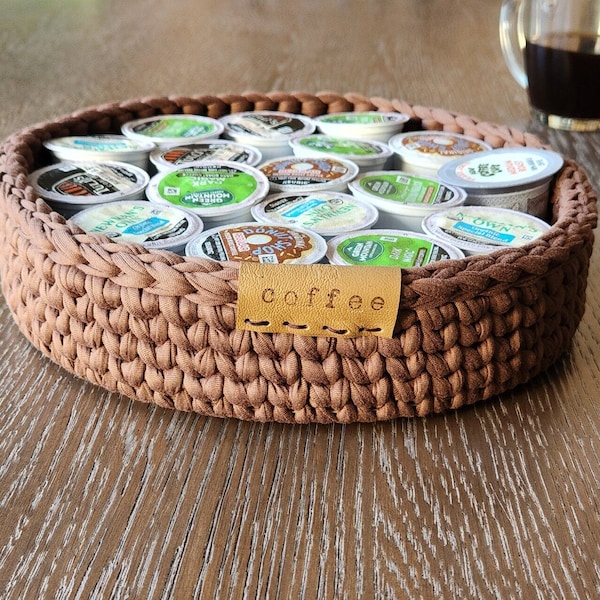 Brown K Cup Basket/Coffee Pod Storage/Crocheted Coffee Basket/Handmade Creamer Bowl/Large Kcup Coffee Pod Holder/Brown Bowl/Coffee Filter