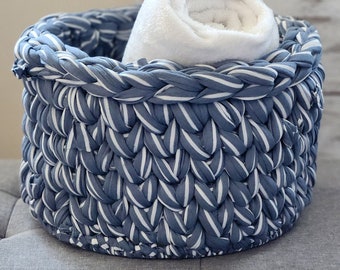 XLarge Blue Striped Crochet Basket: Handmade Nautical Storage