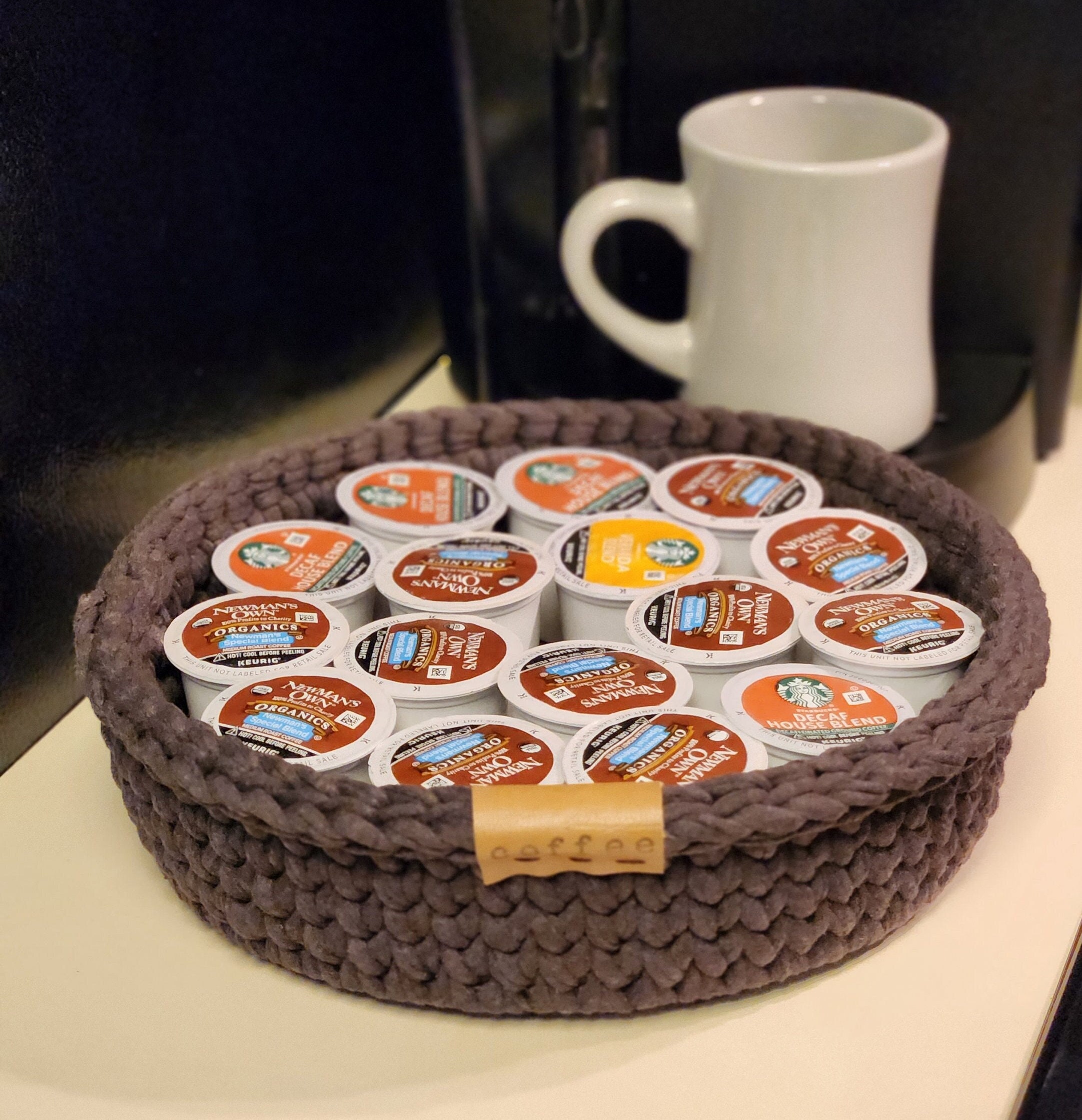 Coffee Pod Storage k Cup Basket crocheted Coffee Basket handmade Creamer Bowl large Kcup Coffee Pod Holder brown Bowl Etsy