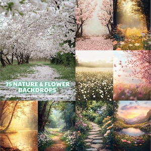 Puede incluir: Una colección de 75 fondos de naturaleza y flores. Las imágenes muestran varias escenas, incluyendo caminos bordeados de árboles en flor, campos de flores y paisajes serenos con elementos acuáticos. El texto "75 NATURE & FLOWER BACKDROPS" es visible.