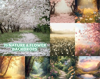 May include: A selection of 75 nature and flower backdrops. The images depict scenes such as paths with blossoming trees, flower fields, and tranquil landscapes with water. The text "75 NATURE & FLOWER BACKDROPS" is displayed across the image.