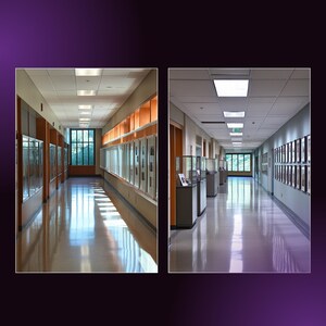 May include: Two images side-by-side of long corridors with polished floors and recessed lighting. One corridor has display cases and the other has framed pictures. Both have windows at the end, with natural light streaming in.