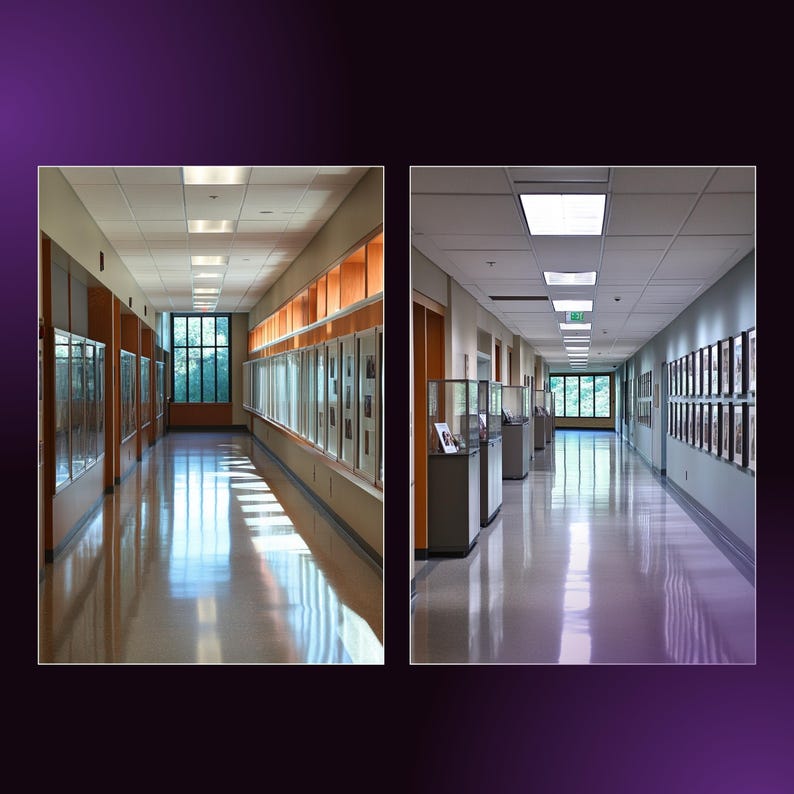 May include: Two images side-by-side of long corridors with polished floors and recessed lighting. One corridor has display cases and the other has framed pictures. Both have windows at the end, with natural light streaming in.