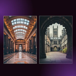 May include: Two architectural images. The first shows a long hallway with a marble floor, columns, and a glass ceiling. The second depicts a stone courtyard with arched doorways and a tall tower in the background.