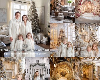 May include: A collection of elegant white Christmas backdrops. The images showcase decorated Christmas trees, families in white attire, and festive scenes with lights and presents. Text reads "ELEGANT WHITE CHRISTMAS BACKDROP".