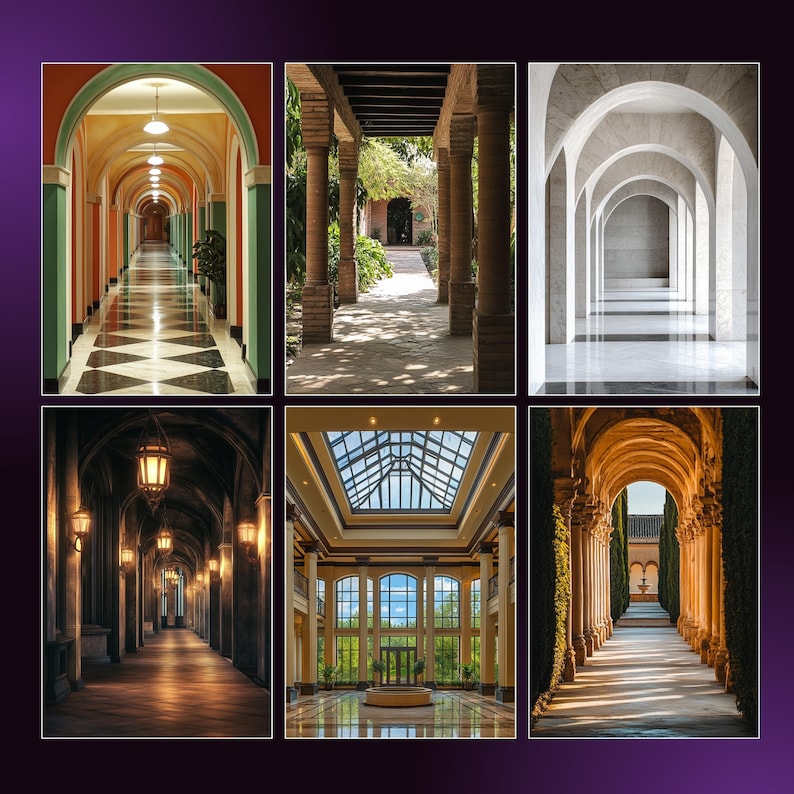 May include: A collage of six images depicting architectural interiors. The images show long hallways and corridors with arched ceilings, columns, and patterned floors. The colour palettes range from warm earth tones to cool marble and stone.