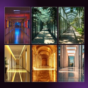 May include: A collection of six images presenting architectural views. The images show long hallways and corridors with diverse designs, including glass-walled walkways, arched ceilings, and modern office spaces. The colour palettes vary from natural light to artificial lighting.