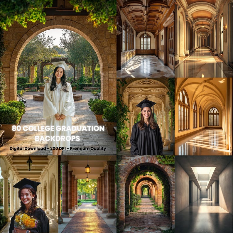 May include: A collection of images showcasing college graduation backdrops. The images include graduates in caps and gowns, and architectural settings such as archways and hallways. Text on the image reads "80 COLLEGE GRADUATION BACKDROPS" and "Digital Download - 300 DPI - Premium Quality."