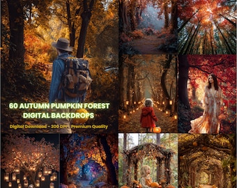 May include: A collection of digital backdrops depicting autumnal forest scenes. The images display vivid fall colours, paths, and people, all in a warm palette. Text reads "60 Autumn Pumpkin Forest Digital Backdrops" and "Digital Download - 300 DPI - Premium Quality."