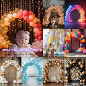 80 Party Balloon Arch Digital Backdrops, Birthday & Cake Smash Photography Overlays for Children’s Event Photoshoot Backgrounds