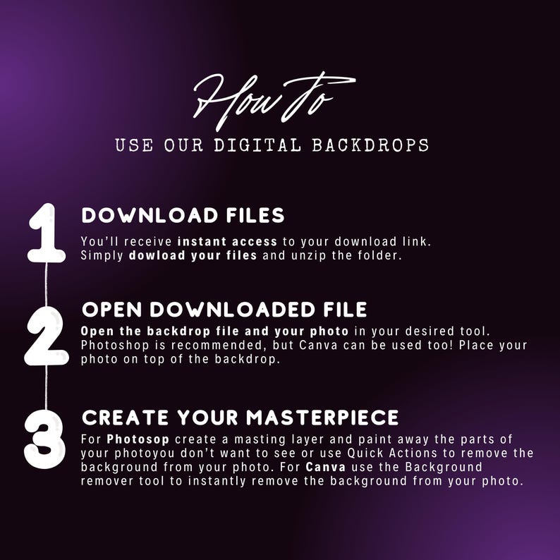 May include: A purple graphic with white text explaining how to use digital backdrops. The text includes numbered steps for downloading, opening, and creating a masterpiece. Photoshop and Canva are mentioned as tools for use.