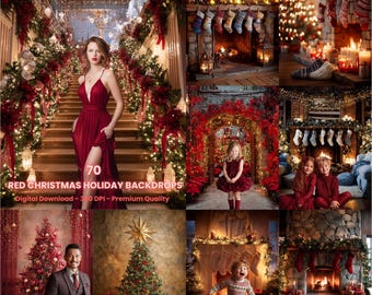 May include: A collection of festive Christmas images with red and gold tones. The scenes include a woman in a red dress, children in red attire, Christmas trees, and fireplaces. Text reads "70 RED CHRISTMAS HOLIDAY BACKDROPS".