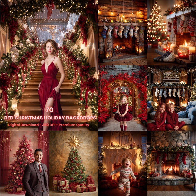 Red Christmas Photo Booth Backdrop, Holiday Family Photos (digital ...