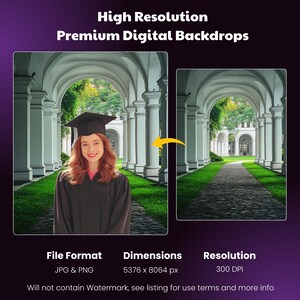 May include: Digital backdrop featuring a graduate in a cap and gown, set against a classical architectural background with arched colonnades and a stone pathway. The image includes text: "High Resolution Premium Digital Backdrops."