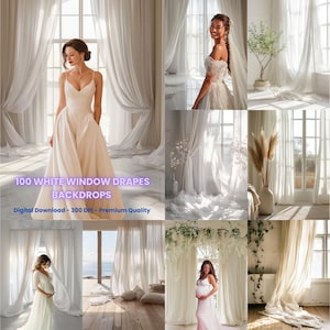 100 White Window Drapes Digital Backdrops | High-Quality Transparent Curtains for Photography, Design & Virtual Staging