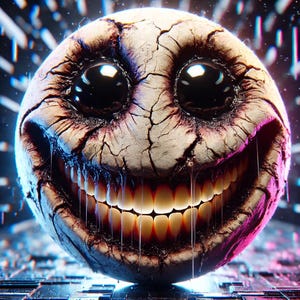 Puede incluir: Una cara sonriente blanca, agrietada y distorsionada con una amplia sonrisa de dientes. La cara está goteando con una sustancia viscosa y negra, creando una imagen inquietante y perturbadora.