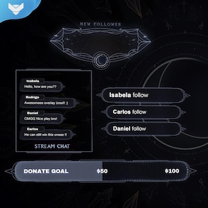 Puede incluir: Una pantalla gris oscura con un gráfico de luna y el texto "STREAM PACKAGE MOON WIDGETS". La pantalla también muestra una ventana de chat con mensajes de los espectadores, una notificación de nuevo seguidor y una barra de objetivo de donación.