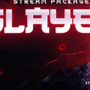 May include: A red and black digital art illustration of a demon with glowing red eyes. The demon is in front of a red moon with the text "STREAM PACKAGE SLAYER" in white. The text "STREAMSPELL.COM" is at the bottom of the image.