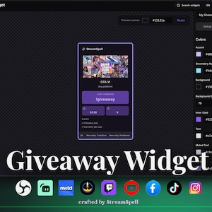 May include: A digital giveaway widget interface by StreamSpell featuring a dark purple theme with a central card displaying a GTA VI graphic, a command box for !giveaway, a countdown timer, and a sidebar with customisable colour hex codes and settings.