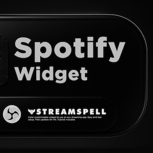 Op de afbeelding: Zwart-wit afbeelding voor een Spotify Widget. Het ontwerp toont de witte woorden "Spotify Widget", een kleine afbeelding en het Streamspell-logo. De widget is in kleur aanpasbaar en eenvoudig in te stellen.