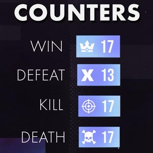 Può includere: Grafica digitale con il testo "REACTIVE OVERLAYS COUNTERS" in bianco. La grafica mostra le statistiche di gioco: Vittoria (17), Sconfitta (13), Uccisioni (17) e Morte (17). Lo sfondo presenta sfumature viola e blu.