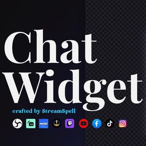 Puede incluir: Una interfaz de widget de chat titulada My Chat Box, con un tema oscuro y un fondo de cuadrícula transparente. El diseño muestra una lista de mensajes de chat en burbujas redondeadas, junto a una barra lateral con ajustes de estilo y opacidad.