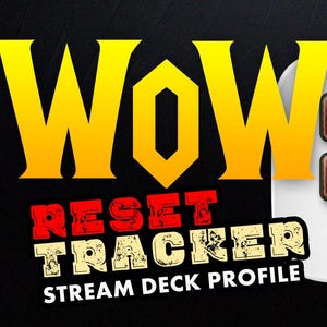 May include: A white Stream Deck with eight brown and gold icons, and the text "WoW Reset Tracker Stream Deck Profile." The background is black with the StreamSpell logo.