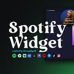 Puede incluir: Interfaz digital oscura que muestra un widget de Spotify. La interfaz muestra portadas de álbumes, información del artista y un creador de widgets con opciones de personalización. El texto "Spotify Widget" se muestra prominentemente en blanco, con una fuente estilizada.