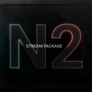 May include: A dark background with the text "N2 STREAM PACKAGE". The "N" and "2" are outlined in neon blue and red. A vertical blue line with a glowing dot is on the left.