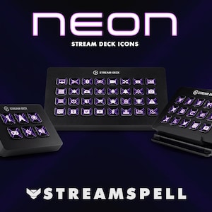 May include: Three black Stream Deck devices with illuminated purple icons are displayed against a dark purple background. The word "NEON" is at the top, and "STREAM DECK ICONS" is below it. The StreamSpell logo is at the bottom.
