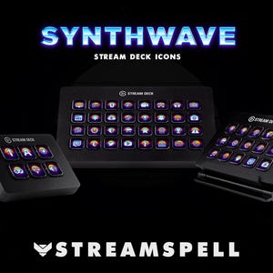 Puede incluir: Se muestran tres dispositivos Stream Deck negros con iconos iluminados sobre un fondo oscuro. El texto "SYNTHWAVE STREAM DECK ICONS" está en la parte superior. El logotipo de StreamSpell está en la parte inferior.