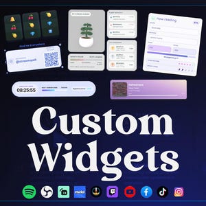 May include: A digital display featuring the text Custom Widgets in large white font, surrounded by various UI elements including a plant graphic, a QR code with the text @streamspell, a reading progress tracker, and a row of social media icons.