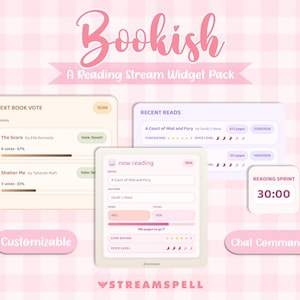 May include: A digital widget pack titled Bookish A Reading Stream Widget Pack featuring customisable interface elements including Next Book Vote, Recent Reads, Now Reading, and Reading Sprint timer with text labels and pink colour accents.