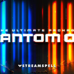 Może przedstawiać: Grafika cyfrowa z tekstem "THE ULTIMATE PACKAGE" nad "PHANTOM OPS" pogrubioną, białą czcionką. Tło przedstawia pionowe niebieskie i pomarańczowe smugi światła z akcentami drutu kolczastego.