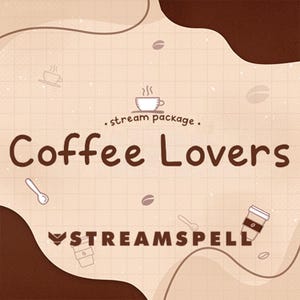 May include: A brown and beige graphic with the text "Coffee Lovers" and the logo "STREAMSPELL" in white. The graphic features a coffee cup and a spoon, and a grid pattern background.