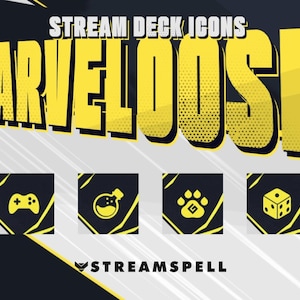 Puede incluir: Gráfico con el texto "Stream Deck Icons Marveloose" en amarillo. Debajo, cuatro iconos: un mando de juego, una poción, una huella de pata y un dado. El fondo es blanco y negro con el logo de Streamspell.
