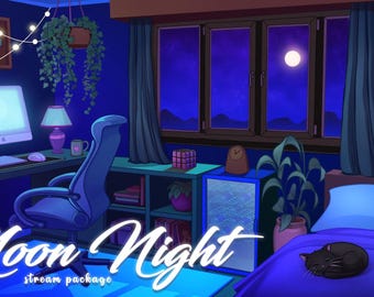 Moon Night Twitch Stream Package: Cozy Bedroom Theme, Animated Overlays