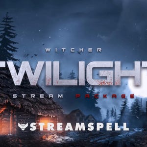 Witcher: Twilight Stream Package by StreamSpell – dark fantasy Twitch overlays for OBS Studio, Streamlabs. Compatible with Twitch, YouTube and more. Features animated stream screens, webcam overlay, alerts, and stinger transition with a gothic village scene, fire effects, moonlight, and dragon in the background.