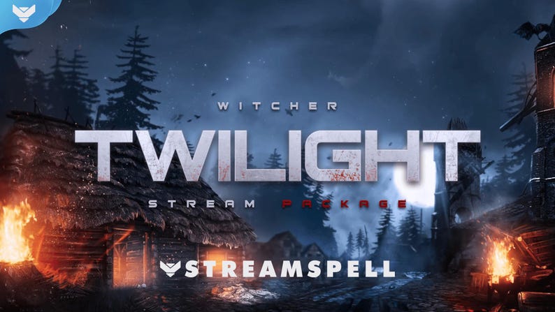 Witcher: Twilight Stream Package by StreamSpell – dark fantasy Twitch overlays for OBS Studio, Streamlabs. Compatible with Twitch, YouTube and more. Features animated stream screens, webcam overlay, alerts, and stinger transition with a gothic village scene, fire effects, moonlight, and dragon in the background.