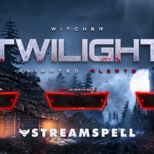 May include: A digital graphic for animated alerts, themed around "Witcher Twilight." The design features a dark, fantasy landscape with a full moon, a rustic building, and text that reads "Witcher Twilight Animated Alerts." Includes follower, new subscriber, and donation alerts.