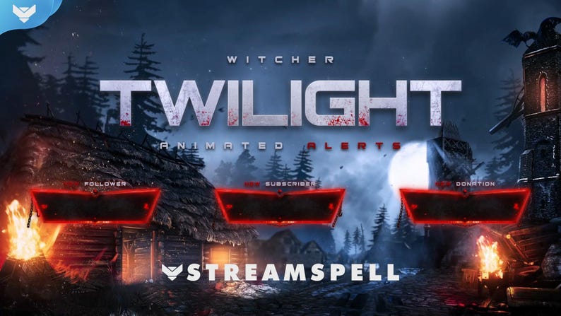May include: A digital graphic for animated alerts, themed around "Witcher Twilight." The design features a dark, fantasy landscape with a full moon, a rustic building, and text that reads "Witcher Twilight Animated Alerts." Includes follower, new subscriber, and donation alerts.