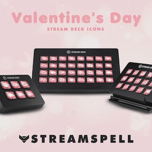 Puede incluir: Tres dispositivos Stream Deck negros con iconos rosas de San Valentín se muestran sobre un fondo rosa. El texto "Valentine's Day Stream Deck Icons" está en la parte superior y el logotipo "Streamspell" en la parte inferior.