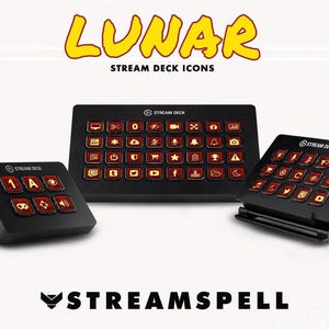 Op de afbeelding: Drie zwarte Stream Deck-apparaten met rode en gouden pictogrammen. Het woord "LUNAR" is in het geel en "STREAM DECK ICONS" staat boven de apparaten. Het StreamSpell-logo staat onderaan.