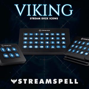 Może przedstawiać: Trzy czarne urządzenia Stream Deck z podświetlanymi niebieskimi ikonami są wyświetlane na ciemnym tle. Tekst "VIKING STREAM DECK ICONS" znajduje się u góry, a "STREAMSPELL" u dołu.
