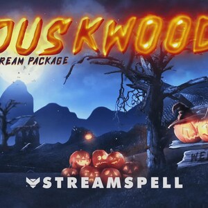 May include: A digital illustration for a stream package with a Halloween theme. The image features the text "DUSKWOOD STREAM PACKAGE" in orange, with jack-o'-lanterns, a spooky forest, and a full moon. The word "WELCOME" is on a wooden sign.