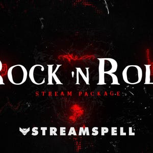 Op de afbeelding: Een zwart en rood grafisch ontwerp met de tekst "Rock 'n' Roll Stream Package" en het logo "Streamspell" in wit. Het ontwerp bevat een rood rock-and-roll handgebaar en een grunge-achtergrond.