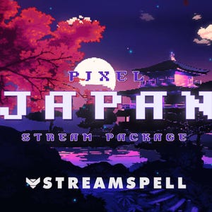 Puede incluir: Ilustración de estilo pixel art de un paisaje japonés con una pagoda, cerezos en flor y una luna. El texto "PIXEL JAPAN STREAM PACKAGE" está en el centro de la imagen.