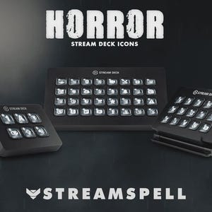May include: Three black Stream Deck devices with illuminated buttons are displayed against a dark background. The text "HORROR STREAM DECK ICONS" is at the top, and "STREAMSPELL" is at the bottom. The devices vary in size and orientation.